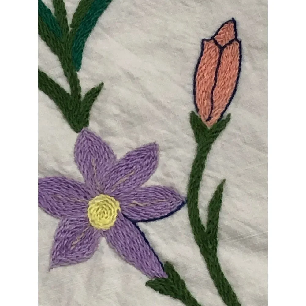 Vintage Hand Embroigered Tablecloth Floral 60” x 62”